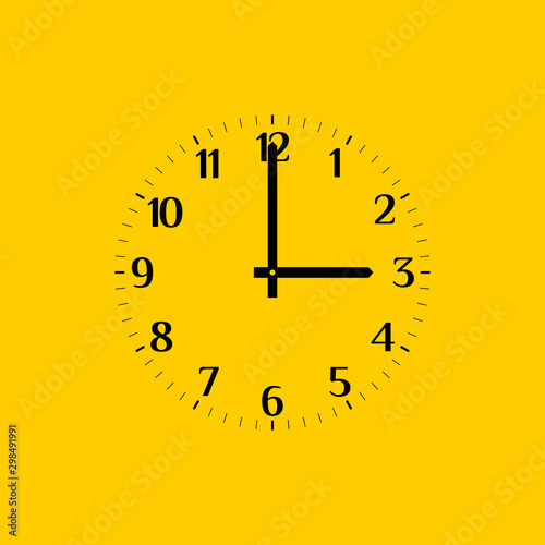 Analog vector clock face over yellow, with regular arabic numerals. Part of an analog clock, or watch. Round clock shows three o'clock