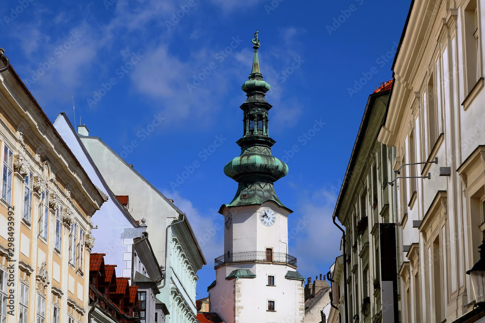 Fototapeta premium Michael's Gate and cityscape of buildings in old town, Bratislava, Slavakia. View from elevation point. Top view