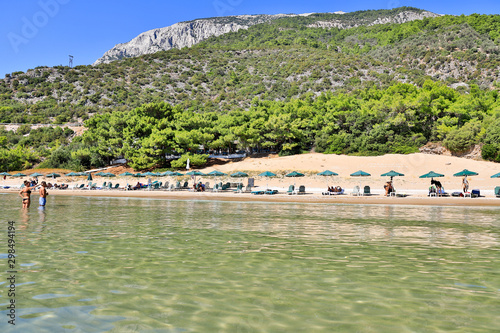 Golden beach of Psili Ammos West near Votsalakia on the Greek island of Samos.