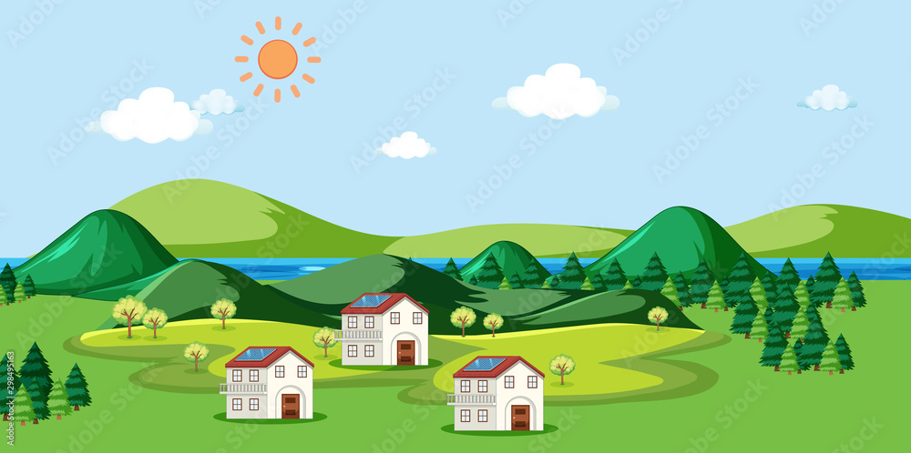 Scene with houses and solar cell on the roof