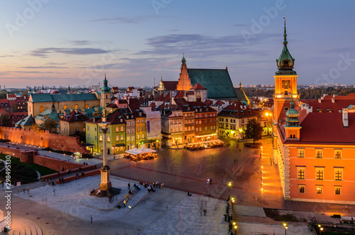 Sightseeing of Poland. Cityscape of Warsaw. Castle square in Warsaw old town, the beautiful night view.