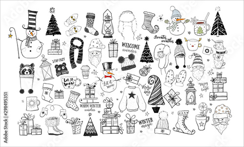 Big set of winter doodles on white background.