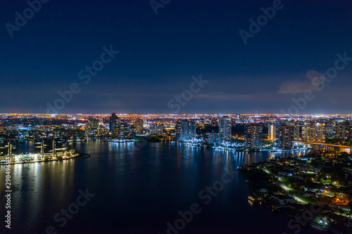 Aerial night photo Aventura Florida Biscayne Bay