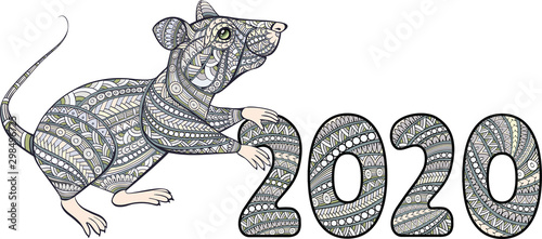 Handwritten doodle number 2020 and hand drawn zentangle rat symbol year 2020 for decorate calendar, banner, poster, invitation, new year card, adult coloring book. Clipart Isolated on white background