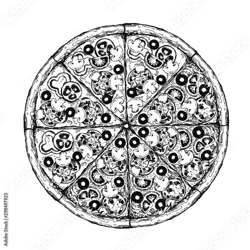 Vector drawing, pizza, table, organic food ingredients. Hand drawn pizza illustration. Great for menu, poster or label.