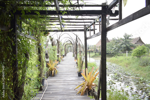 Wooden bridge decorated with flowers