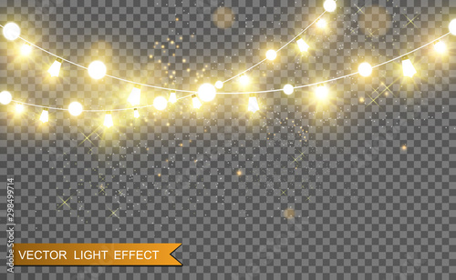 Christmas bright, beautiful lights, design elements. Glowing lights for design of Xmas greeting cards. Garlands, light Christmas decorations.