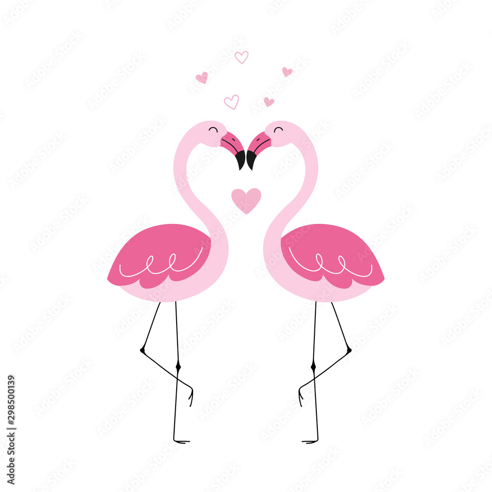 Obraz premium Cute pink flamingos in a love kiss, valentine, hearts. Hand-drawn vector illustration.