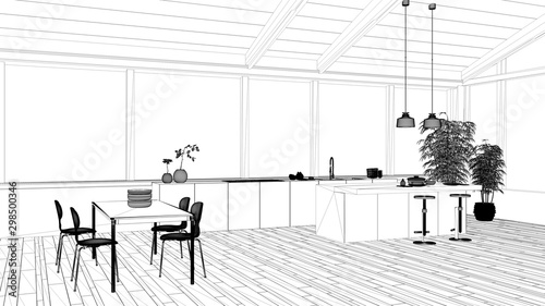 Blueprint project draft, modern minimalist kitchen with island and dining table with chairs, parquet floor, wooden roof and big panoramic windows, interior design concept idea