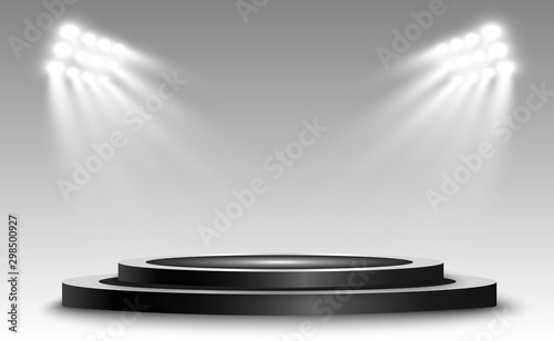 Round podium, pedestal or platform, illuminated by spotlights in the background. Vector illustration. Bright light. Light from above. Advertising place