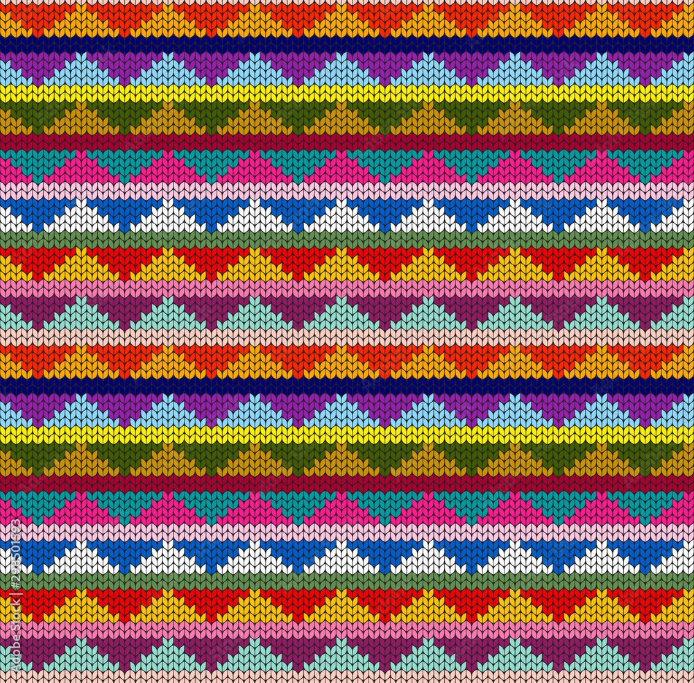 Bright, colorful geometric background. Imitation knitting pattern, jacquard. Seamless decorative backdrop. Handmade