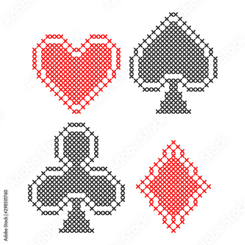 Card suits, diamonds, spades, hearts, clubs. Geometric background. Imitation cross stitch. Decorative symbols.