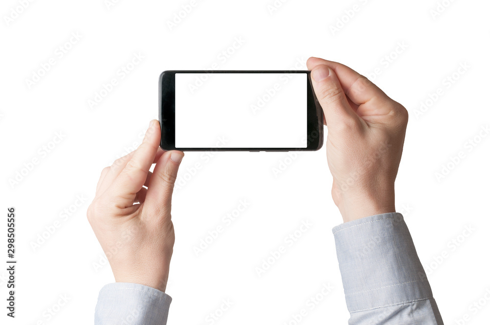 Man hold a blank screen smartphone with two hand to take a picture or make a video Man hold a blank screen smartphone with two hand to take a picture or make a video