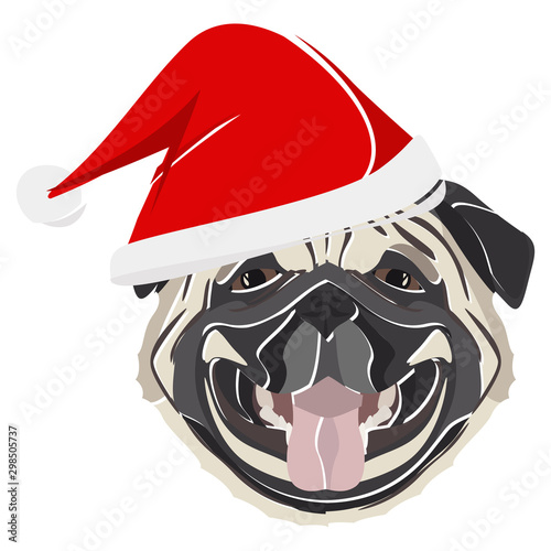 Illustration Mops mit roter Weihnachtsmütze