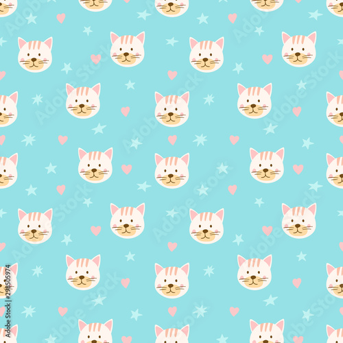 Cute seamless pattern with cat faces and stars. Background for kids with  animals - cat. Perfect for textile, fabric, manufacturing etc. Vector illustration
