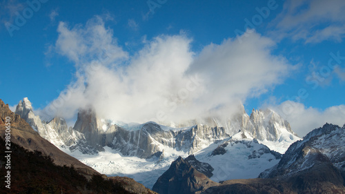 The Mount Fitzroy covered by clouds seen from the Lagoon Capri  National Park de los Glaciares  Argentina
