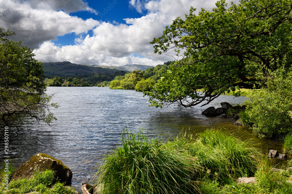 Shore of Rydal Water lake on River Rothay at Rydal Ambleside Cumbria England in Lake District National Park