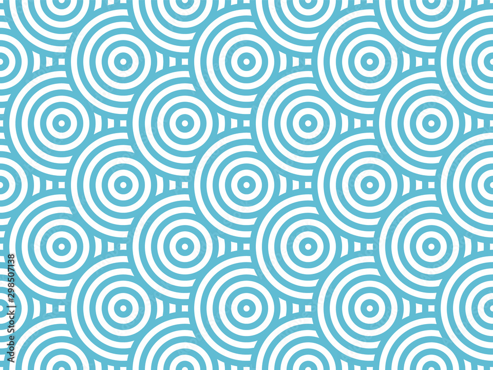 Blue and white overlapping repeating circles background. Japanese style circles seamless pattern. Ocean, water symbolic texture. Modern abstract geometric wavy pattern tiles. Vector illustration.