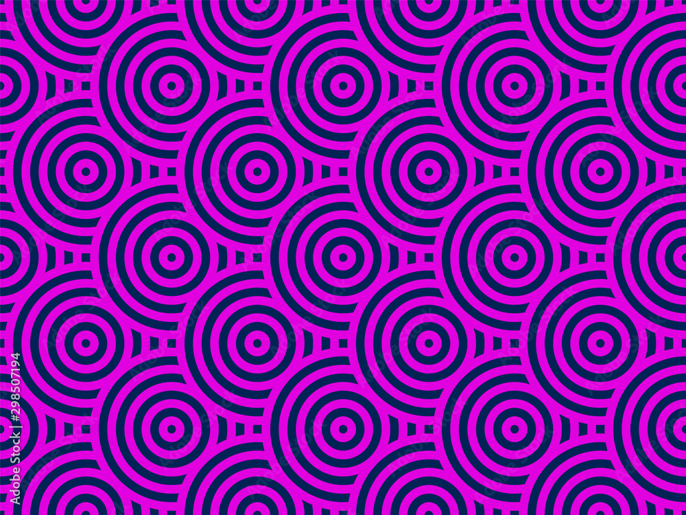Pink and blue overlapping repeating circles background. Japanese style circles seamless pattern. Endless repeated texture. Modern spiral abstract geometric wavy pattern tiles. Vector illustration. Pink and blue overlapping repeating circles background. Japanese style circles seamless pattern. Endless repeated texture. Modern spiral abstract geometric wavy pattern tiles. Vector illustration.