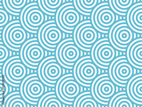 Blue and white overlapping repeating circles background. Japanese style circles seamless pattern. Ocean, water symbolic texture. Modern abstract geometric wavy pattern tiles. Vector illustration.