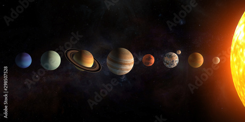 Fototapeta Naklejka Na Ścianę i Meble -  Solar system planets set. The Sun and planets in a row on universe stars background.Elements of this image furnished by NASA.
