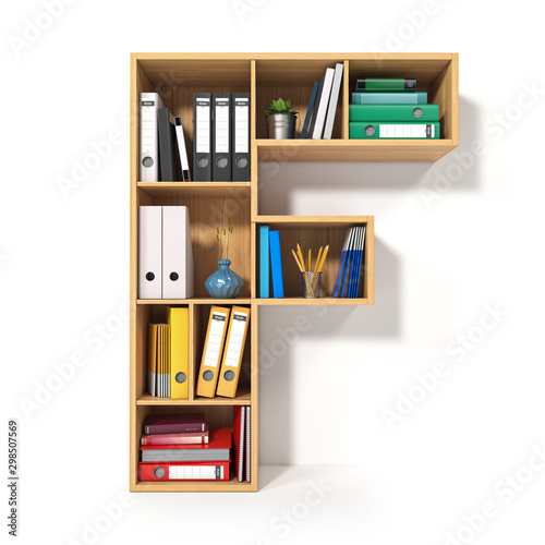 Letter F. Alphabet in the form of shelves with file folder, binders and books isolated on white. Archival, stacks of documents at the office or library.