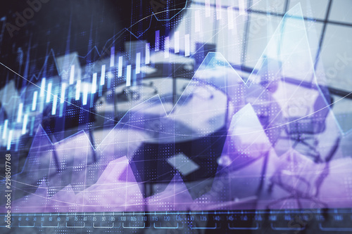 Double exposure of forex chart on conference room background. Concept of stock market analysis