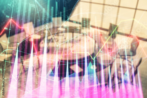 Double exposure of forex chart on conference room background. Concept of stock market analysis