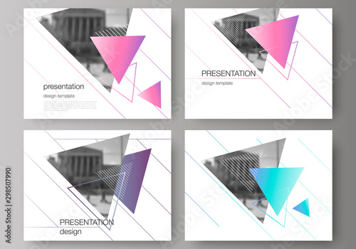 The minimalistic abstract vector illustration of the editable layout of the presentation slides design business templates. Colorful polygonal background with triangles with modern memphis pattern.