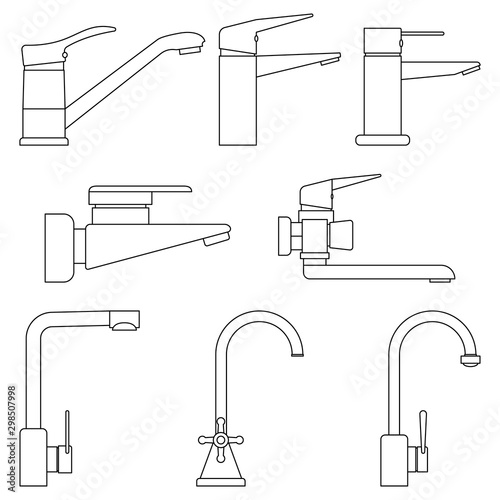 Set of icons water taps, faucets for bathroom and kitchen on white background. Transparent and outline icons. Vector illustration. 