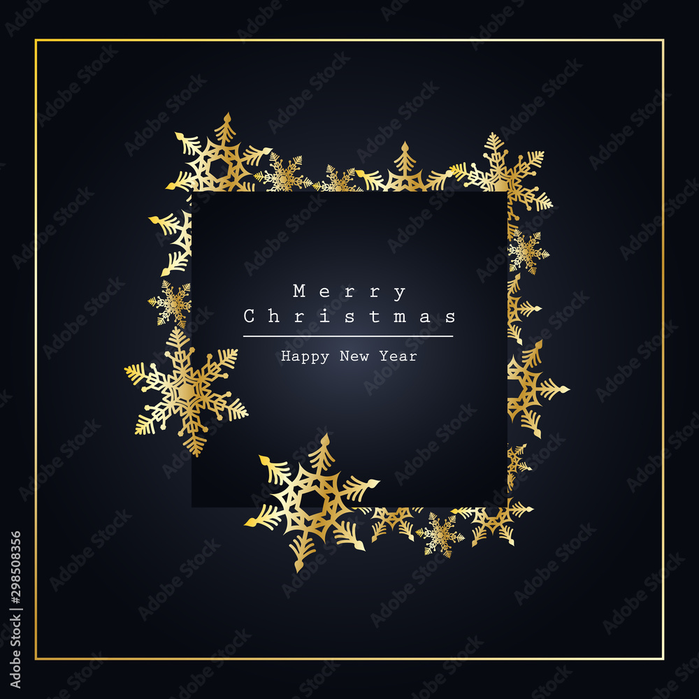 Fototapeta premium Elegant and minimalist Christmas card or poster design. Gold snowflakes on dark background. Square format