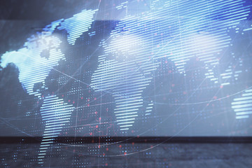 Double exposure of world map on empty room interior background. International network concept.