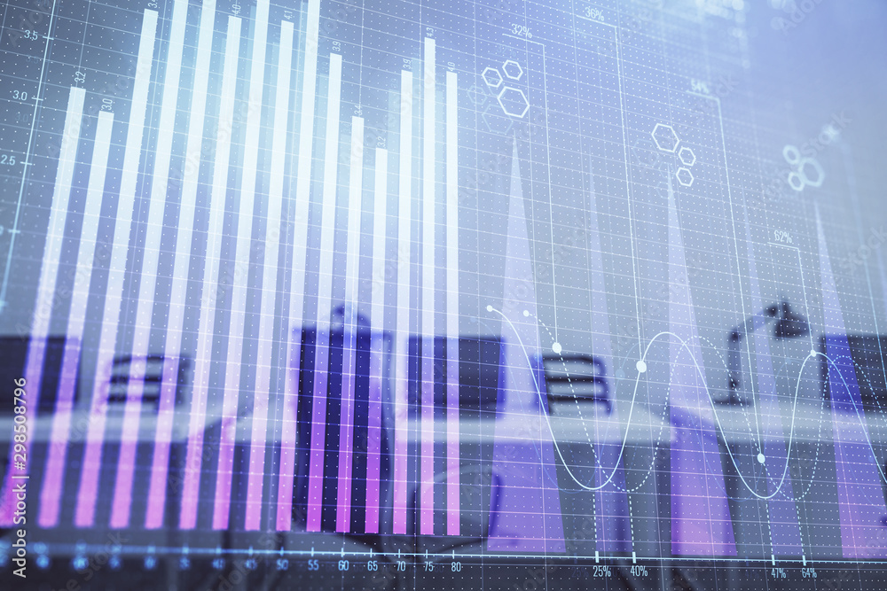 Stock and bond market graph with trading desk bank office interior on background. Multi exposure. Concept of financial analysis Stock and bond market graph with trading desk bank office interior on background. Multi exposure. Concept of financial analysis