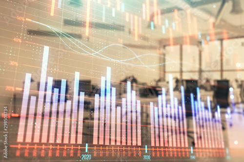 Stock and bond market graph with trading desk bank office interior on background. Multi exposure. Concept of financial analysis