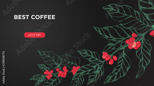 Vector template for coffee business website screen. Concept with coffee tree and berries on black background. Illustration for landing page or banner, flyer or blog post.