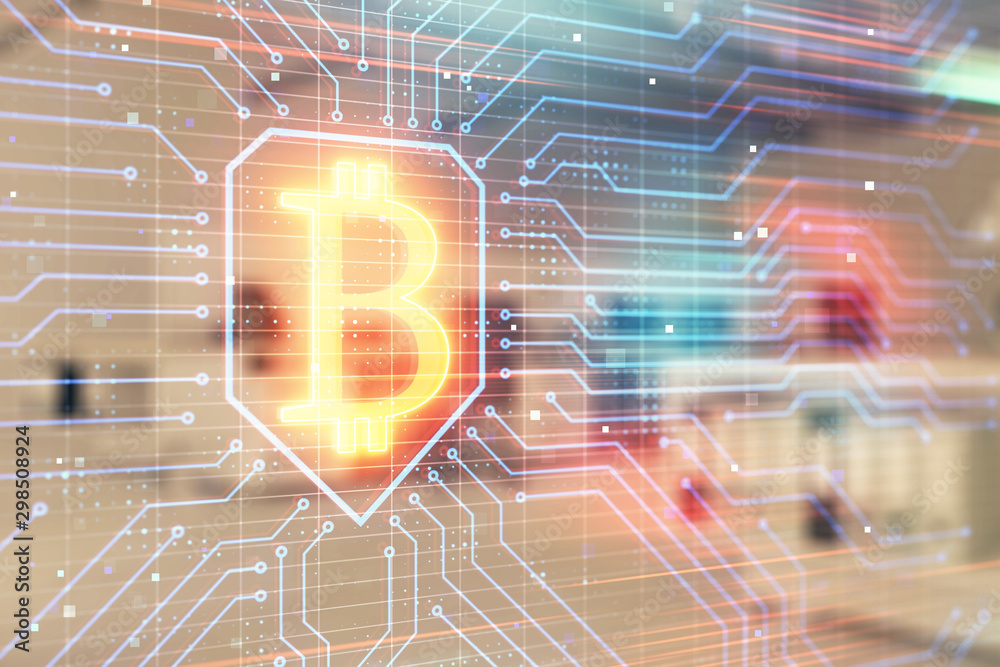 Cryptocurrency theme drawing with office interior background. Double exposure. Concept of blockchain. Cryptocurrency theme drawing with office interior background. Double exposure. Concept of blockchain.