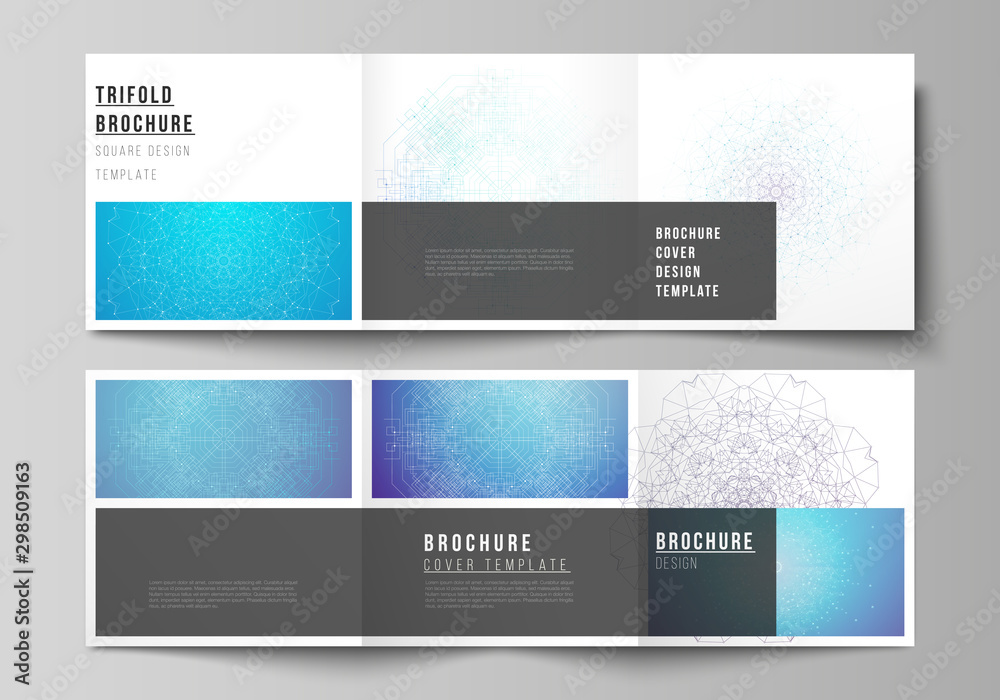 Minimal vector editable layout of square format covers design templates for trifold brochure, flyer, magazine. Big Data Visualization, geometric communication background with connected lines and dots. Minimal vector editable layout of square format covers design templates for trifold brochure, flyer, magazine. Big Data Visualization, geometric communication background with connected lines and dots.