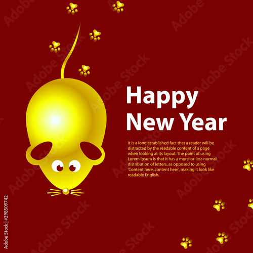 Square banner Happy New Year. Golden rat on a red background. Copy space for your text. Vector illustration