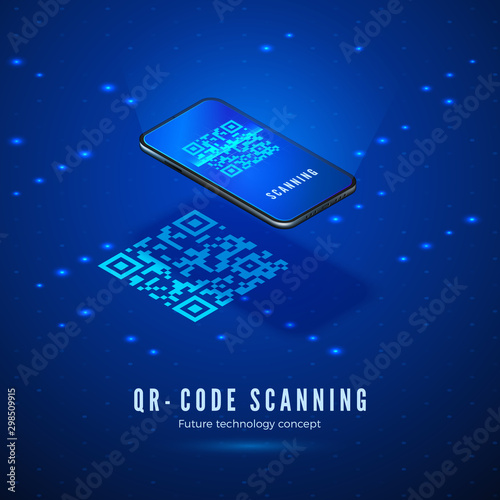 QR code scan isometric concept. Mobile phone with scanning digital barcode on screen. Technology background in blue colors. Vector