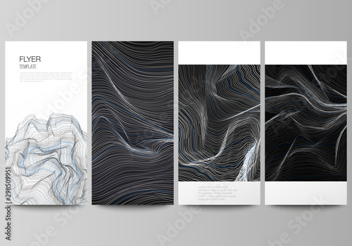 The minimalistic vector illustration of the editable layout of flyer, banner design templates. Smooth smoke wave, hi-tech concept black color techno background.