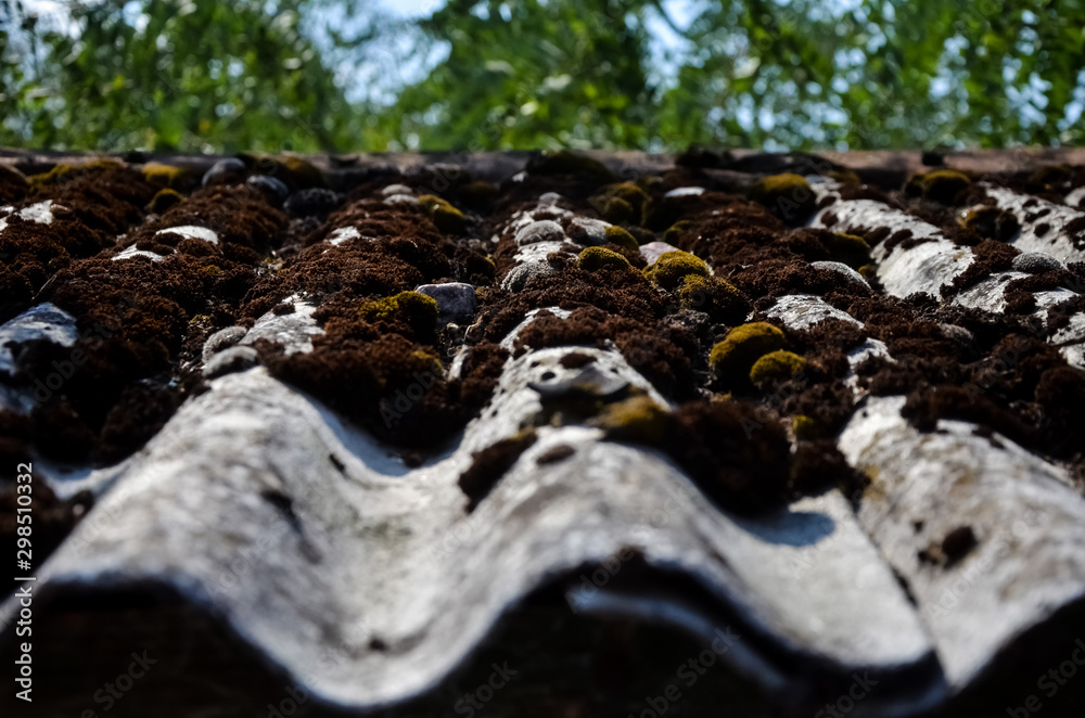 Old slate roof with dirt, lichen and moss at wavy surface. wavy roof slates covers the barn. Natural aging. close-up. Old slate roof with dirt, lichen and moss at wavy surface. wavy roof slates covers the barn. Natural aging. close-up.
