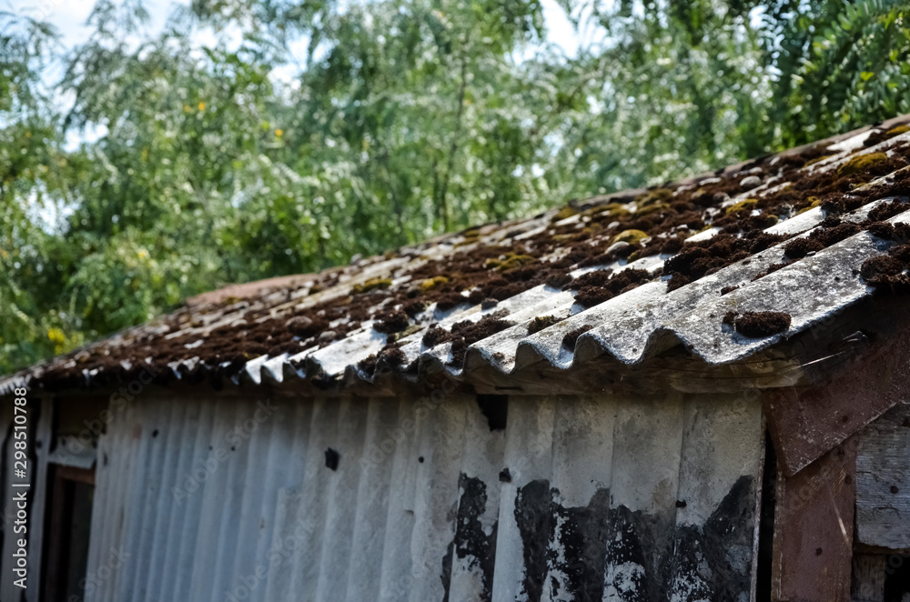 Old slate roof with dirt, lichen and moss at wavy surface. wavy roof slates covers the barn. Natural aging. close-up. Old slate roof with dirt, lichen and moss at wavy surface. wavy roof slates covers the barn. Natural aging. close-up.