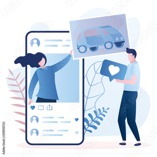 Big smartphone and female character with photo, male follower gives like.
