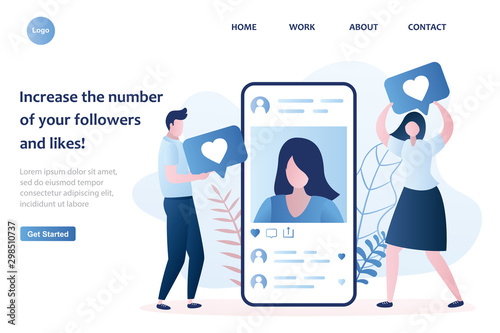  Male and female followers gives like. Social network communication landing page template.