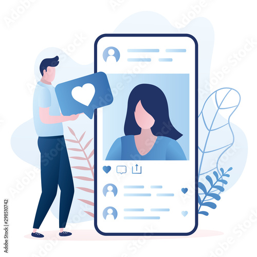 Big smartphone with a female avatar, male follower gives like. Social network