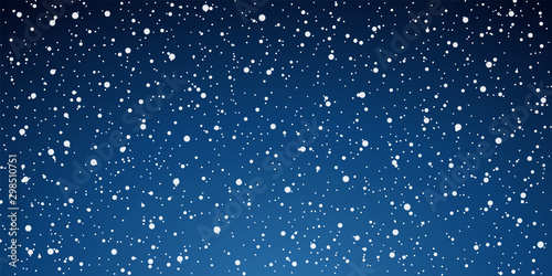 Snow blue background. Christmas snowy winter design. White falling snowflakes, abstract landscape. Cold weather effect. Magic nature fantasy snowfall texture decoration Vector illustration