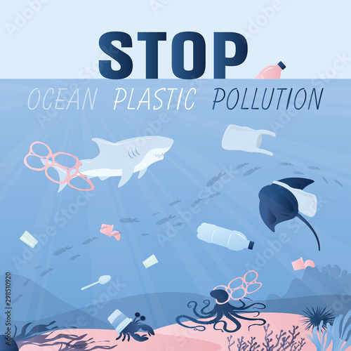 Underwater world with plastic trash and various garbage.