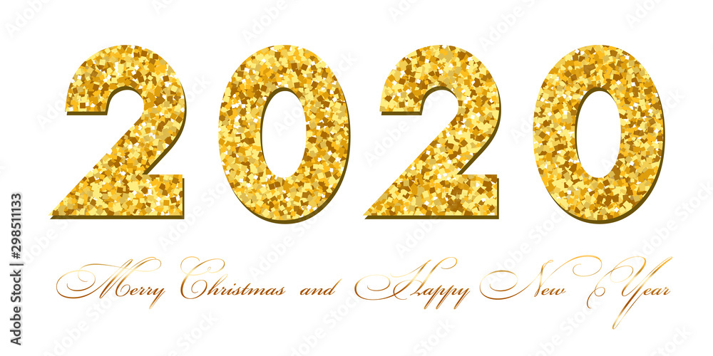 Merry Christmas card. Gold number 2020 with text, isolated on white background. Golden texture holiday design. Happy New Year celebration, decoration. Invitation greeting banner. Vector illustration Merry Christmas card. Gold number 2020 with text, isolated on white background. Golden texture holiday design. Happy New Year celebration, decoration. Invitation greeting banner. Vector illustration