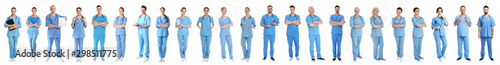 Collage of people in uniforms on white background. Medical staff photo