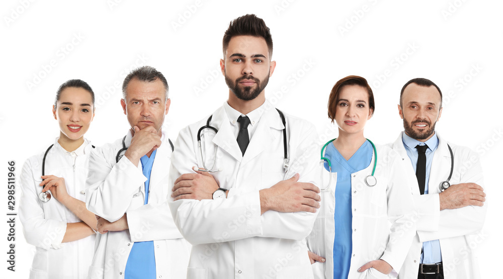 Group of people in uniforms on white background. Medical staff Group of people in uniforms on white background. Medical staff